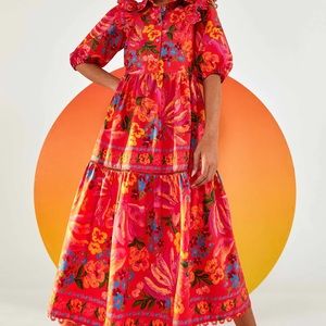 New Farm Rio Red Spring Bananas Tropical Floral Ruffled Midi Dress
